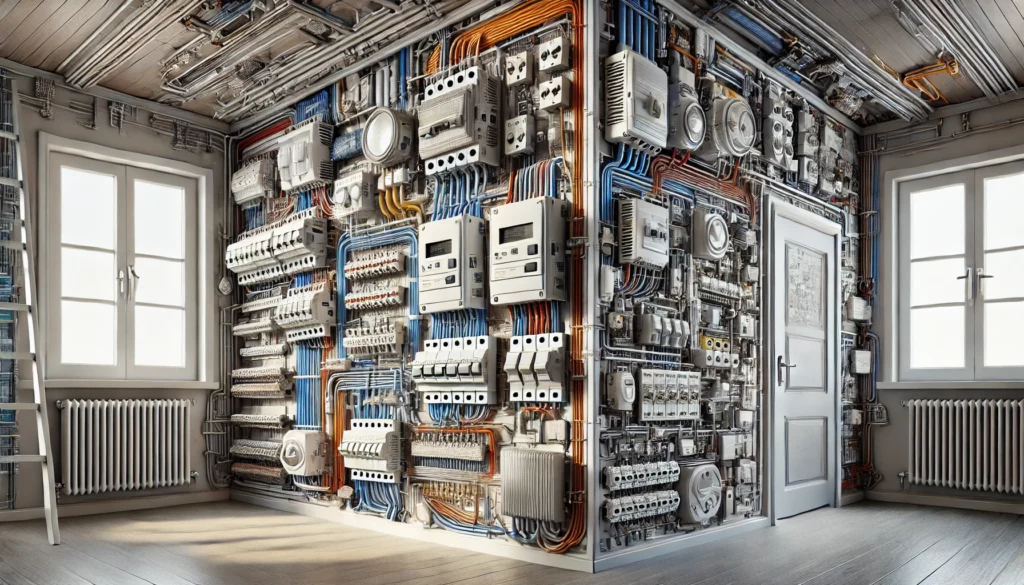 Een ultra-realistische illustratie van elektrotechniek in een huis. De afbeelding toont het interieur van een modern huis met gedetailleerde elektrische componenten en systemen. Er zijn zichtbare draden, circuits, een stroomonderbrekerkast, stopcontacten, lichtschakelaars en verlichtingsarmaturen. Elektrische apparaten en verbindingen zoals gloeilampen, stopcontacten, schakelaars en een stroomonderbreker zijn nauwkeurig met lijnen verbonden. De muren zijn gedeeltelijk transparant om de ingewikkelde bedrading en componenten binnenin te onthullen, met levensechte texturen en schaduwwerking.